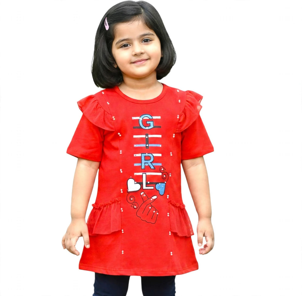 Girls Red Ruffle Top with Navy Blue Leggings – 2-Piece Outfit