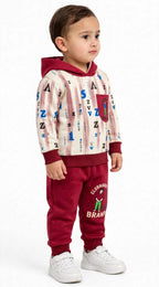 Boys’ Maroon & Cream Printed Hoodie Tracksuit Set
