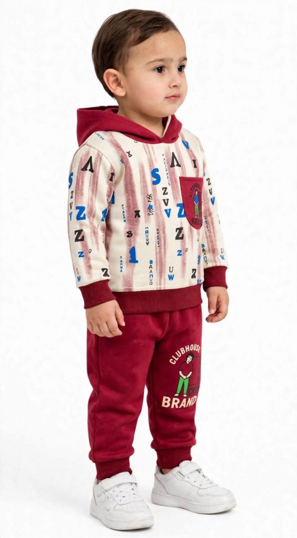 Boys’ Maroon & Cream Printed Hoodie Tracksuit Set