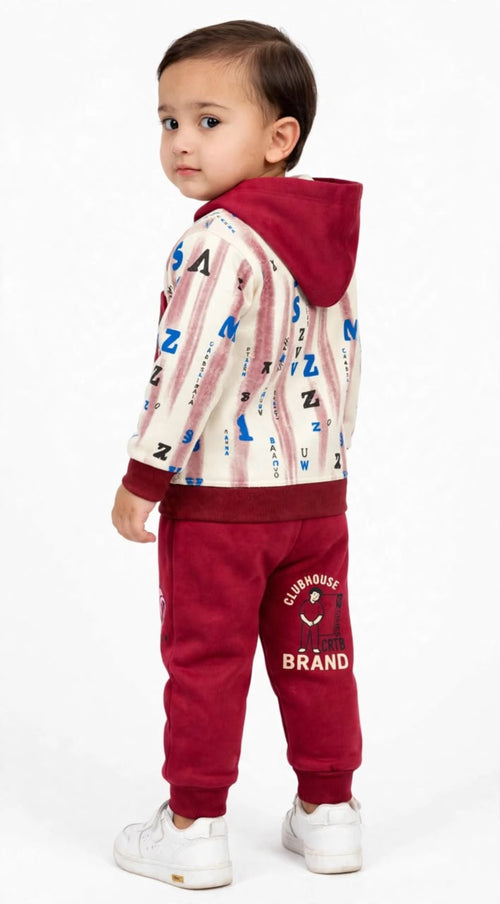 Boys’ Maroon & Cream Printed Hoodie Tracksuit Set